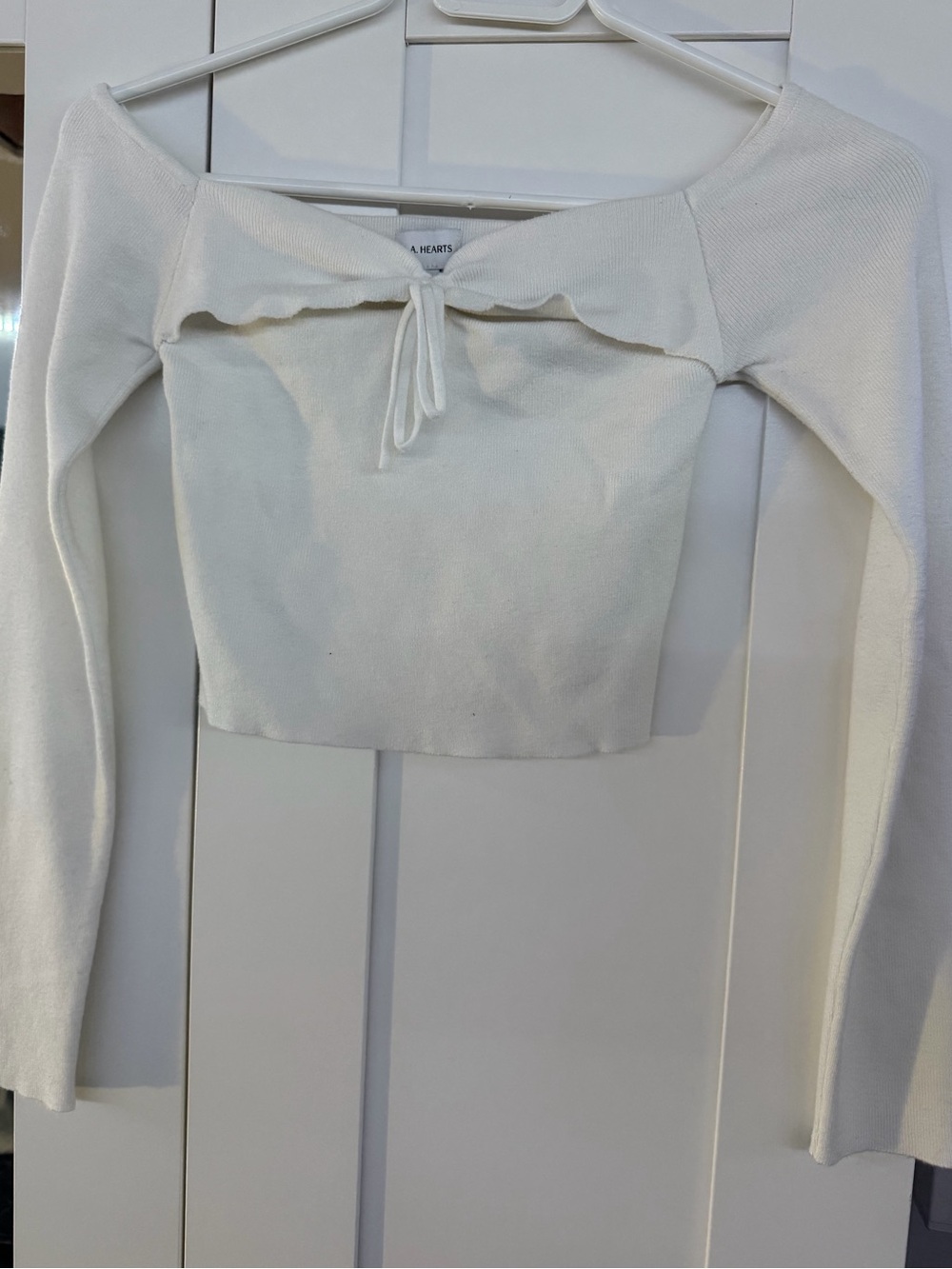 La Hearts Cream Off-Shoulder Tie Front Ribbed Crop Top